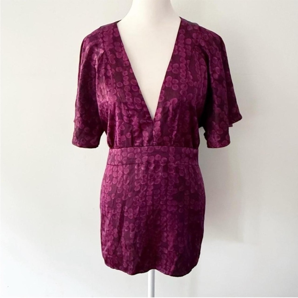 Vintage Y2K Blouse Women XL Purple Polka Dot Satin Deep V-Neck Dark Romantic